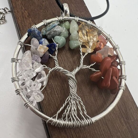 Natural Gemstone Tree Of Life Necklace Chakra Healing Wire Wrap Handmade Vegan - Picture 6 of 11